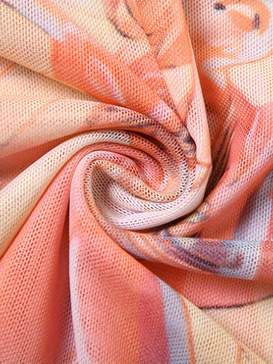 Figure Print Ruffle Trim Asymmetric T-shirt, Y2K Sheer Mesh Long Sleeve Top, Women's Clothing SS69