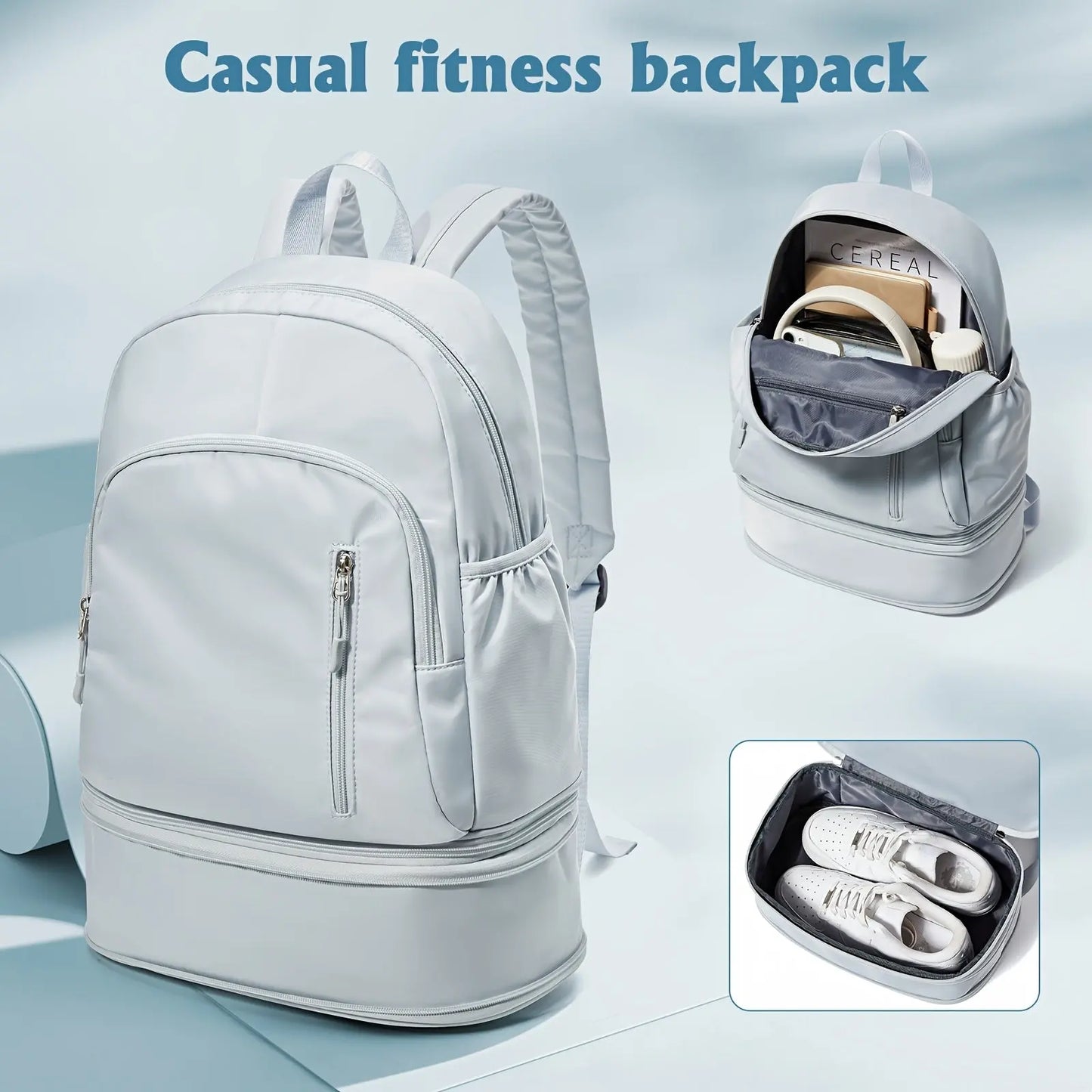 Flska Women's Lightweight Nylon Backpack - Sleek White with Adjustable Straps, Wet/Dry Compartment, Front Zip Pocket for Gym, Travel, Hiking & Swimming SS69