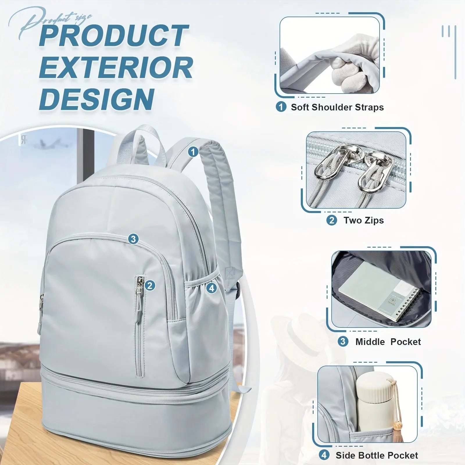 Flska Women's Lightweight Nylon Backpack - Sleek White with Adjustable Straps, Wet/Dry Compartment, Front Zip Pocket for Gym, Travel, Hiking & Swimming SS69