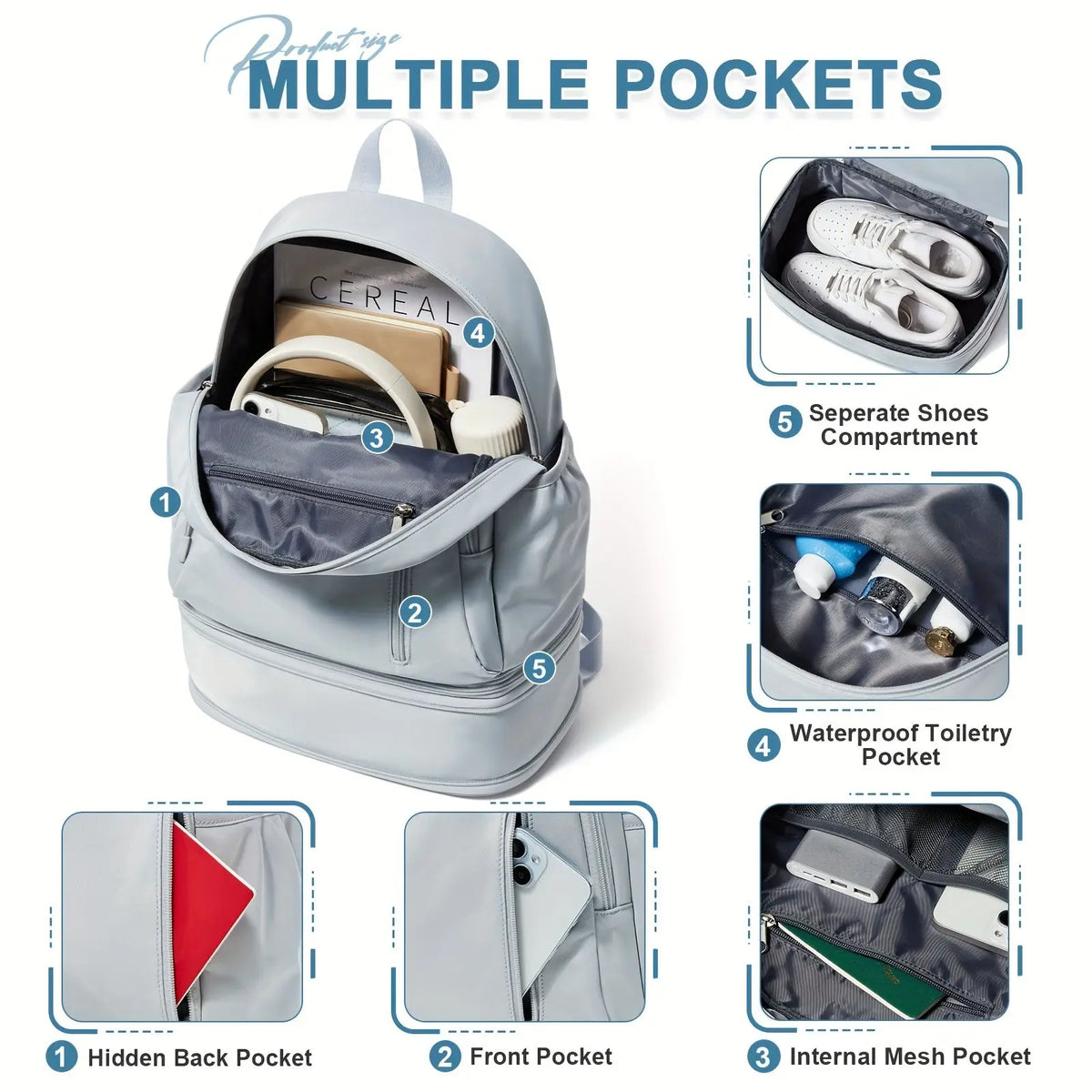 Flska Women's Lightweight Nylon Backpack - Sleek White with Adjustable Straps, Wet/Dry Compartment, Front Zip Pocket for Gym, Travel, Hiking & Swimming SS69