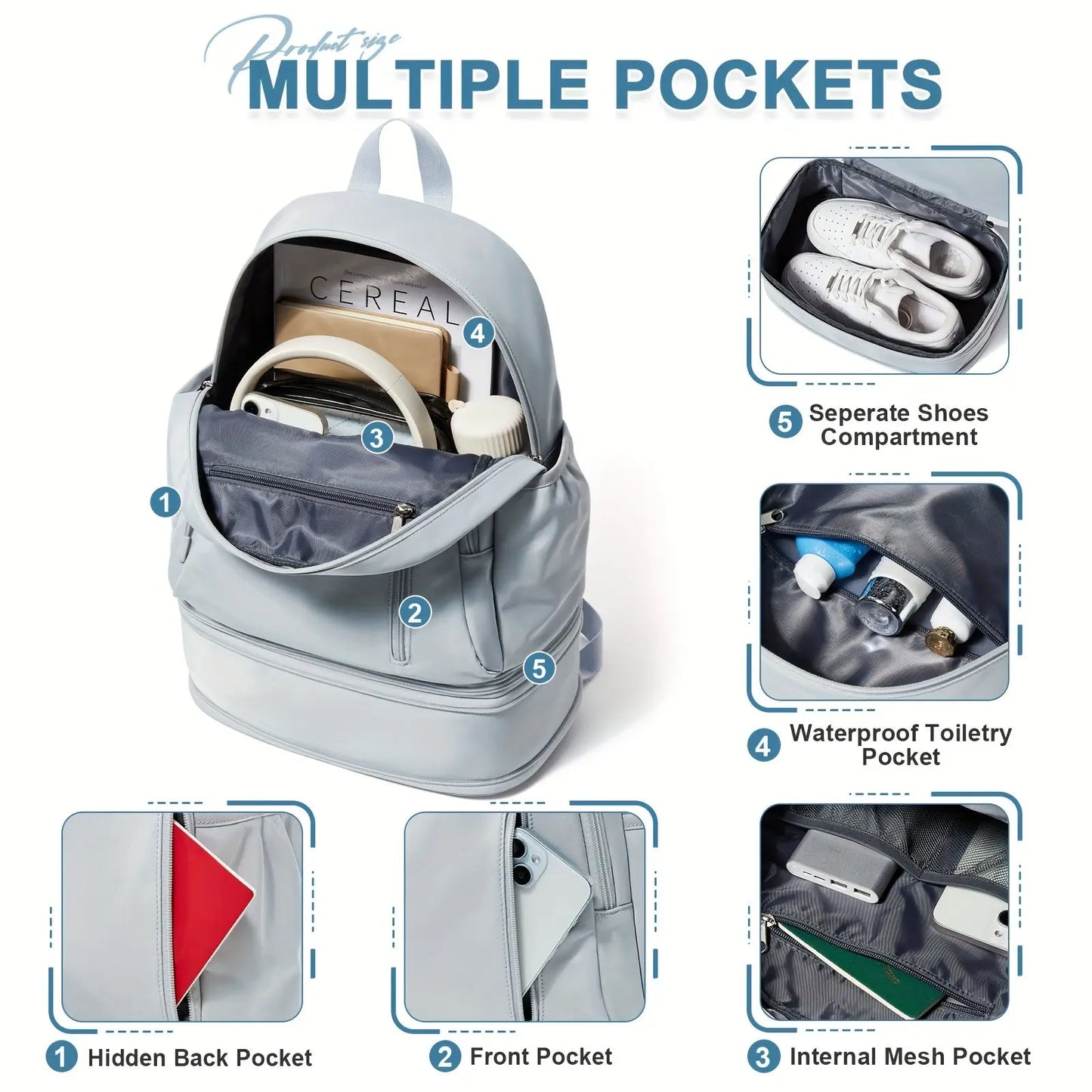 Flska Women's Lightweight Nylon Backpack - Sleek White with Adjustable Straps, Wet/Dry Compartment, Front Zip Pocket for Gym, Travel, Hiking & Swimming SS69