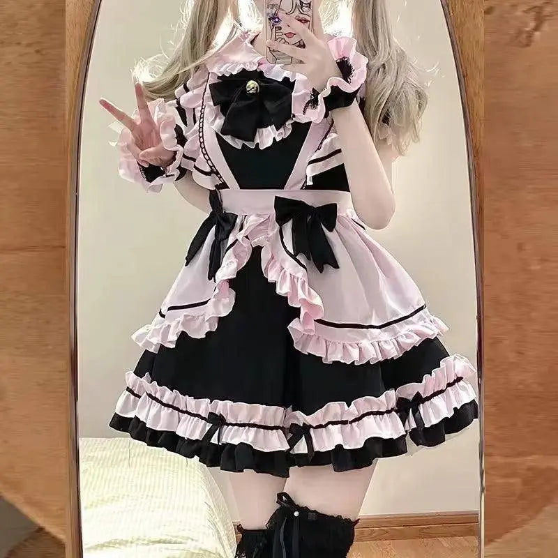 French Cute Black and Pink Lolita Dress Maid Outfit | Sweet Girly - SS69