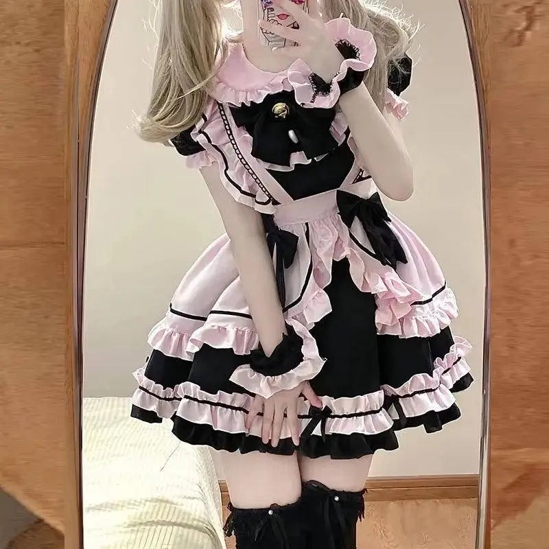 French Cute Black and Pink Lolita Dress Maid Outfit | Sweet Girly - SS69