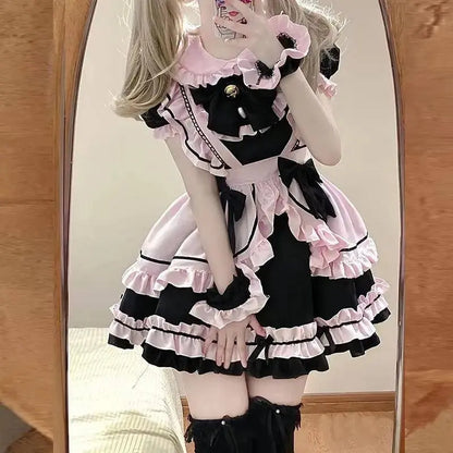 French Cute Black and Pink Lolita Dress Maid Outfit | Sweet Girly - SS69
