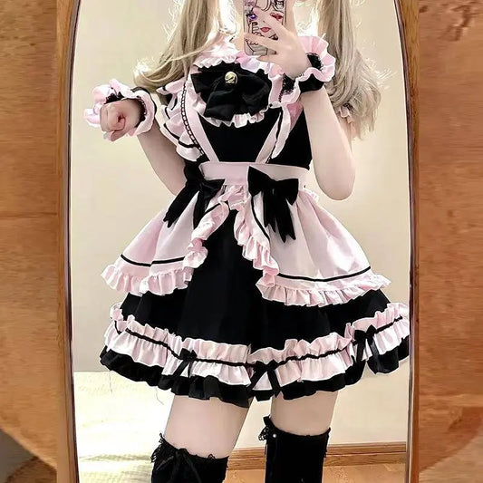 French Cute Black and Pink Lolita Dress Maid Outfit | Sweet Girly - SS69