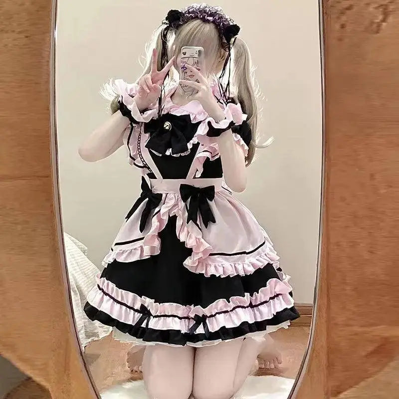 French Cute Black and Pink Lolita Dress Maid Outfit | Sweet Girly - SS69