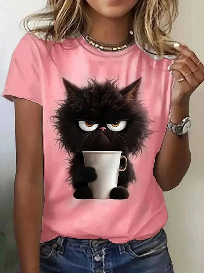 Funny Cat Women Summer White Print T-shirt Girl Casual Short Sleeve O Neck Top For Summer Female Animal Clothing - SS69
