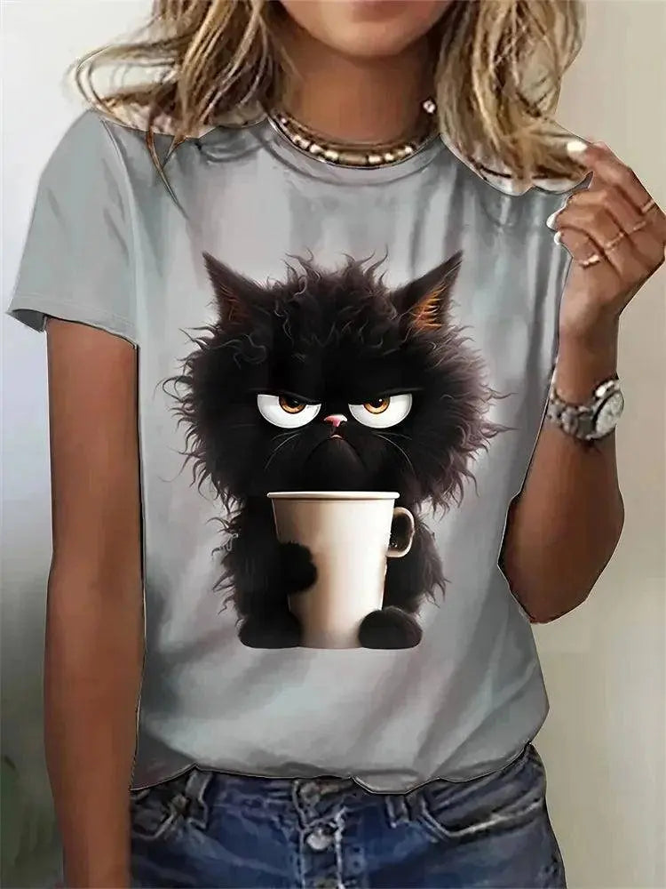 Funny Cat Women Summer White Print T-shirt Girl Casual Short Sleeve O Neck Top For Summer Female Animal Clothing - SS69