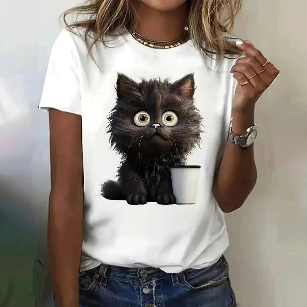Funny Cat Women Summer White Print T-shirt Girl Casual Short Sleeve O Neck Top For Summer Female Animal Clothing - SS69
