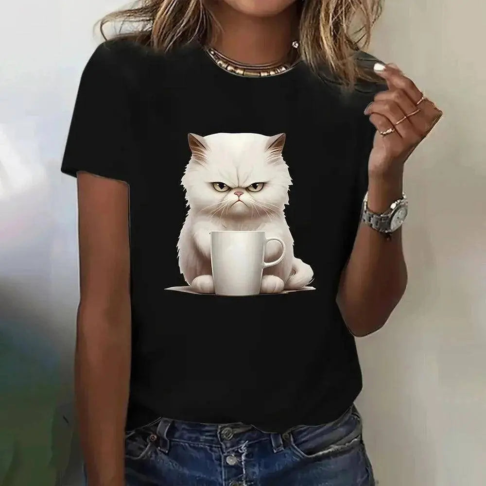 Funny Cat Women Summer White Print T-shirt Girl Casual Short Sleeve O Neck Top For Summer Female Animal Clothing - SS69