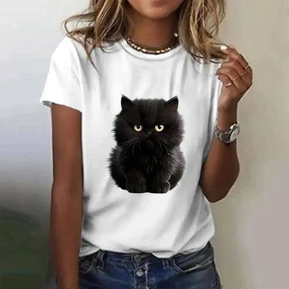 Funny Cat Women Summer White Print T-shirt Girl Casual Short Sleeve O Neck Top For Summer Female Animal Clothing - SS69