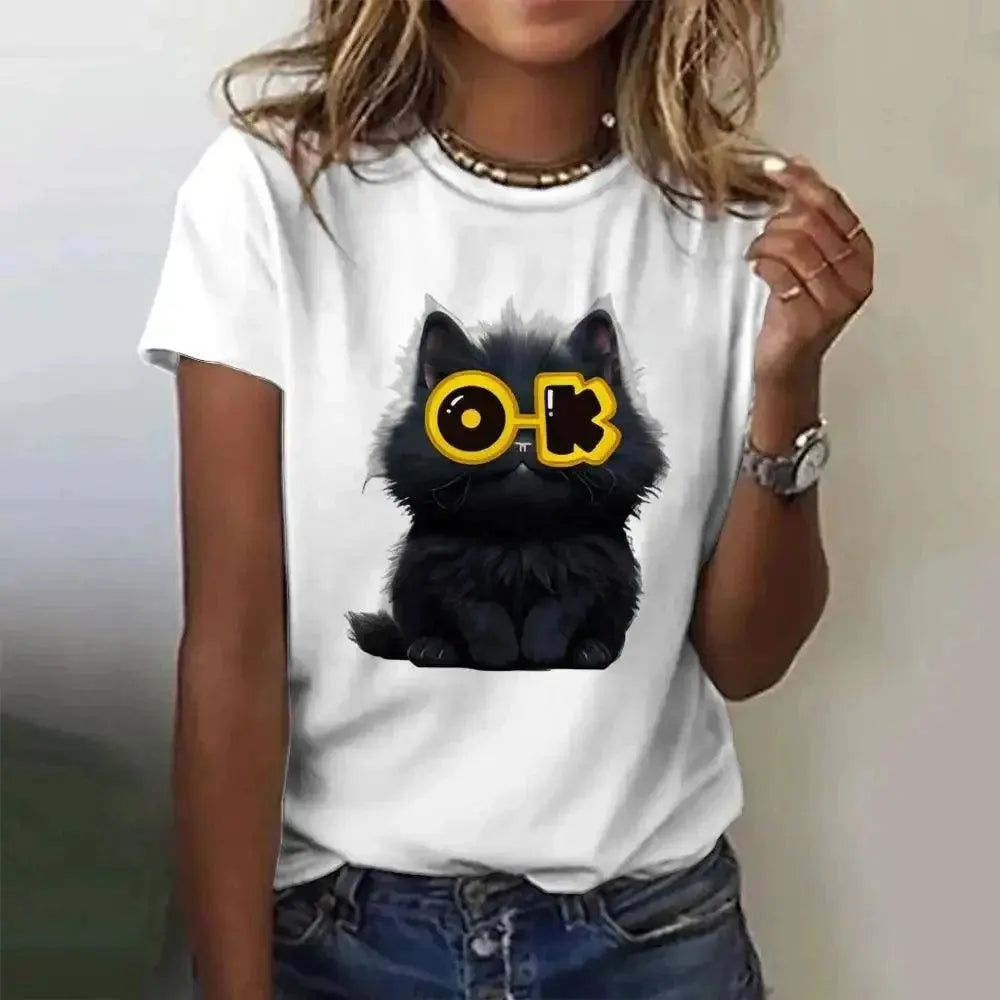 Funny Cat Women Summer White Print T-shirt Girl Casual Short Sleeve O Neck Top For Summer Female Animal Clothing - SS69