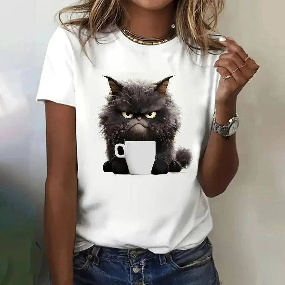 Funny Cat Women Summer White Print T-shirt Girl Casual Short Sleeve O Neck Top For Summer Female Animal Clothing - SS69