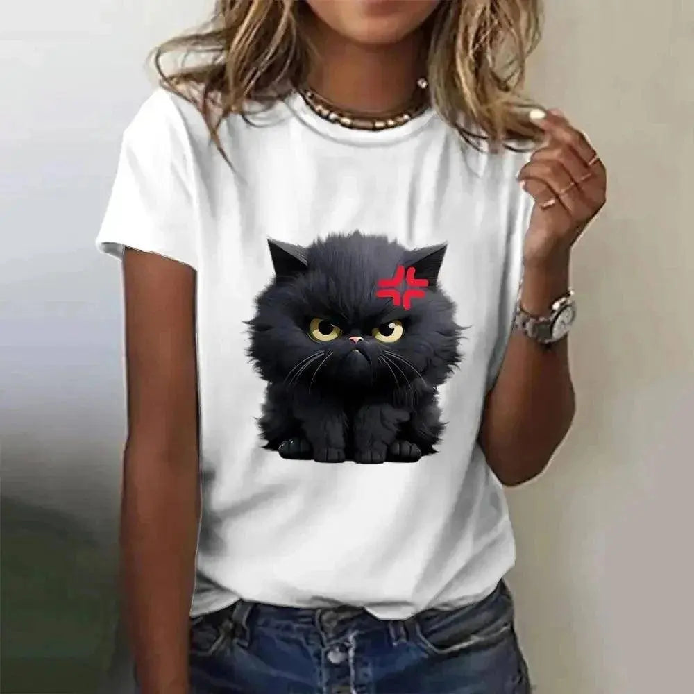 Funny Cat Women Summer White Print T-shirt Girl Casual Short Sleeve O Neck Top For Summer Female Animal Clothing - SS69