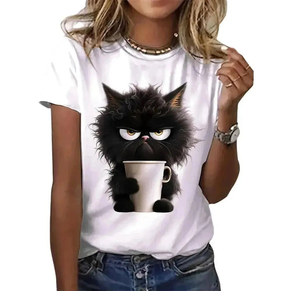 Funny Cat Women Summer White Print T-shirt Girl Casual Short Sleeve O Neck Top For Summer Female Animal Clothing - SS69