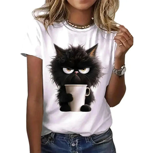 Funny Cat Women Summer White Print T-shirt Girl Casual Short Sleeve O Neck Top For Summer Female Animal Clothing - SS69
