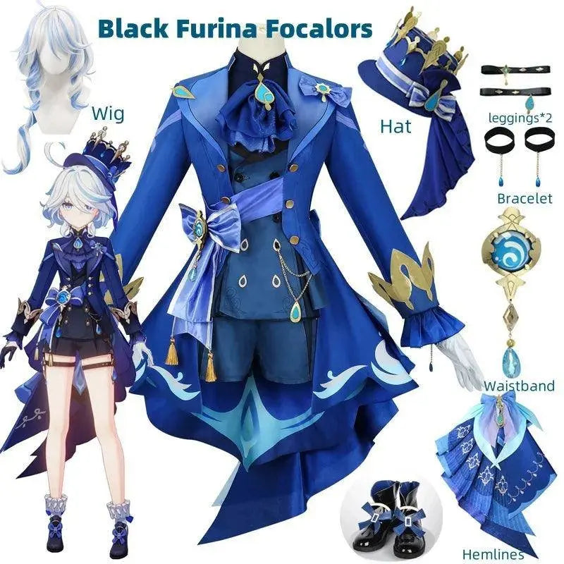 Furina Cosplay Costume Wig Hair Impact Fontaine Focalors with Hat Black Suits High Heel Cosplay Shoes for Women Outfits - SS69