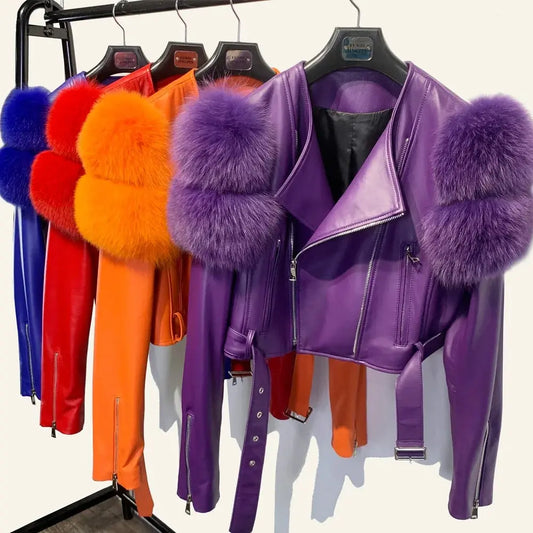 GO BALLISTIC YA Ladies' Genuine Leather Jacket with Fur Sleeve Women's Natural Lambskin Outfit SS69