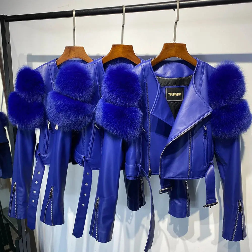 GO BALLISTIC YA Ladies' Genuine Leather Jacket with Fur Sleeve Women's Natural Lambskin Outfit SS69