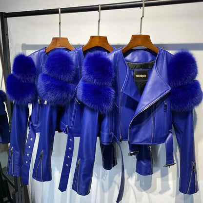 GO BALLISTIC YA Ladies' Genuine Leather Jacket with Fur Sleeve Women's Natural Lambskin Outfit SS69