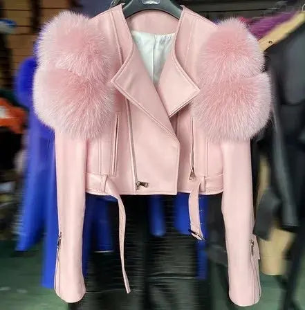 GO BALLISTIC YA Ladies' Genuine Leather Jacket with Fur Sleeve Women's Natural Lambskin Outfit SS69