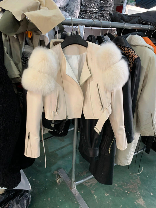 GO BALLISTIC YA Ladies' Genuine Leather Jacket with Fur Sleeve Women's Natural Lambskin Outfit - SS69