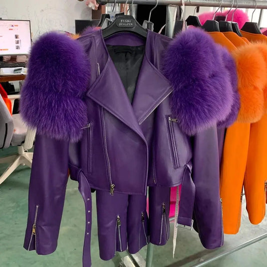 GO BALLISTIC YA Ladies' Genuine Leather Jacket with Fur Sleeve Women's Natural Lambskin Outfit - SS69