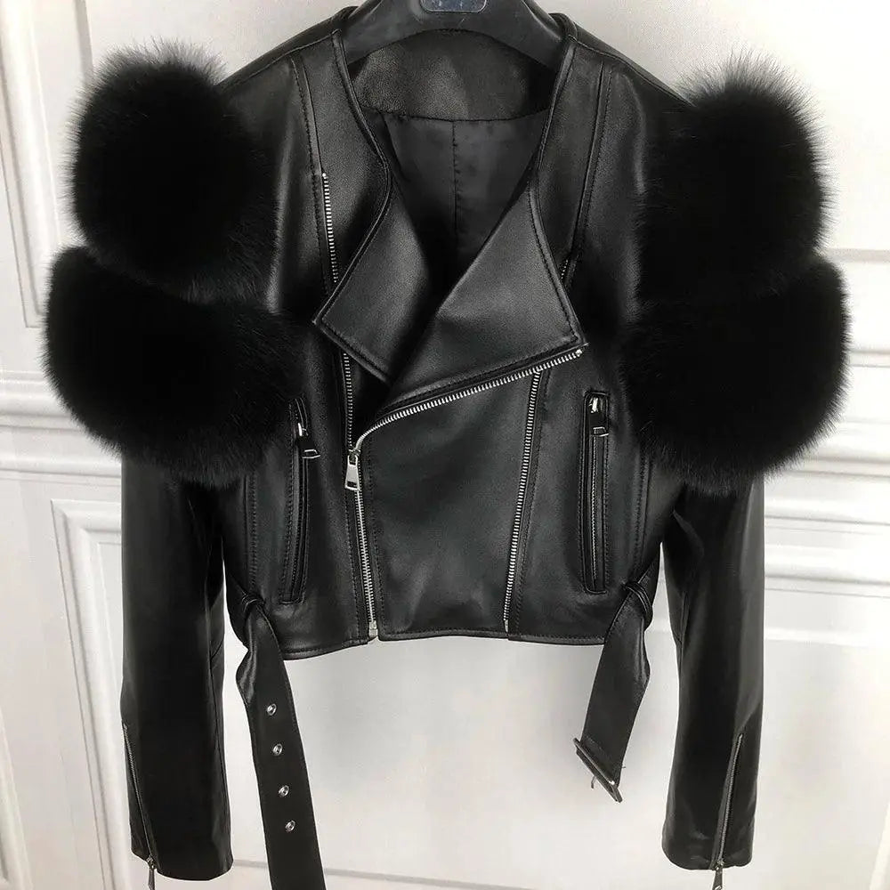 GO BALLISTIC YA Ladies' Genuine Leather Jacket with Fur Sleeve Women's Natural Lambskin Outfit - SS69