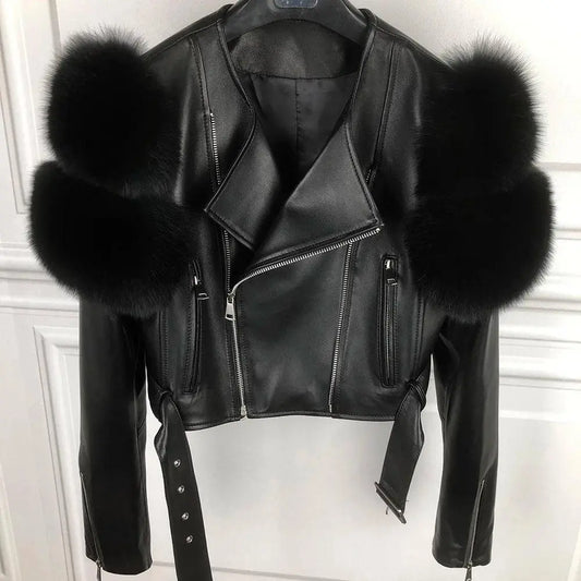 GO BALLISTIC YA Ladies' Genuine Leather Jacket with Fur Sleeve Women's Natural Lambskin Outfit - SS69