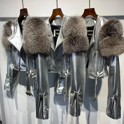 GO BALLISTIC YA Ladies' Genuine Leather Jacket with Fur Sleeve Women's Natural Lambskin Outfit SS69