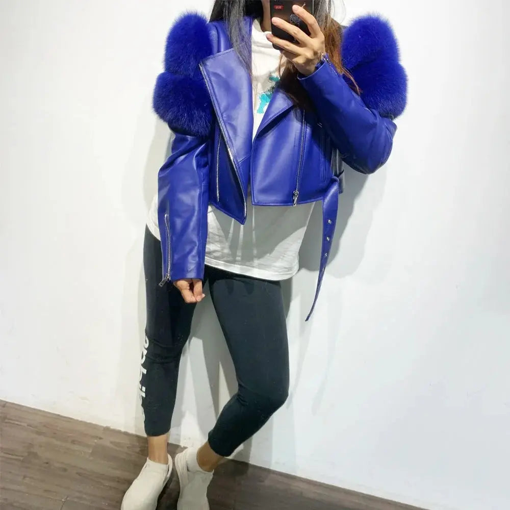 GO BALLISTIC YA Ladies' Genuine Leather Jacket with Fur Sleeve Women's Natural Lambskin Outfit SS69