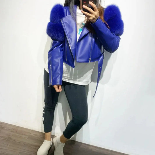 GO BALLISTIC YA Ladies' Genuine Leather Jacket with Fur Sleeve Women's Natural Lambskin Outfit SS69