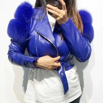 GO BALLISTIC YA Ladies' Genuine Leather Jacket with Fur Sleeve Women's Natural Lambskin Outfit SS69