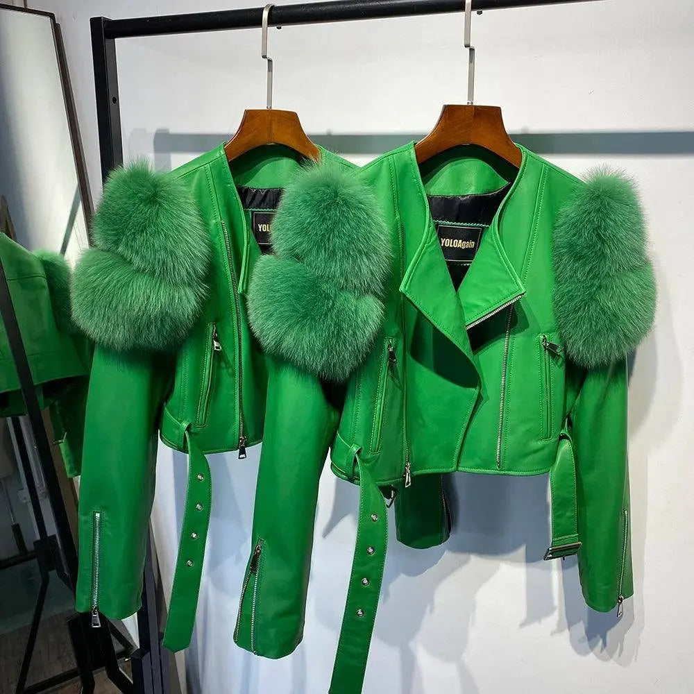 GO BALLISTIC YA Ladies' Genuine Leather Jacket with Fur Sleeve Women's Natural Lambskin Outfit SS69