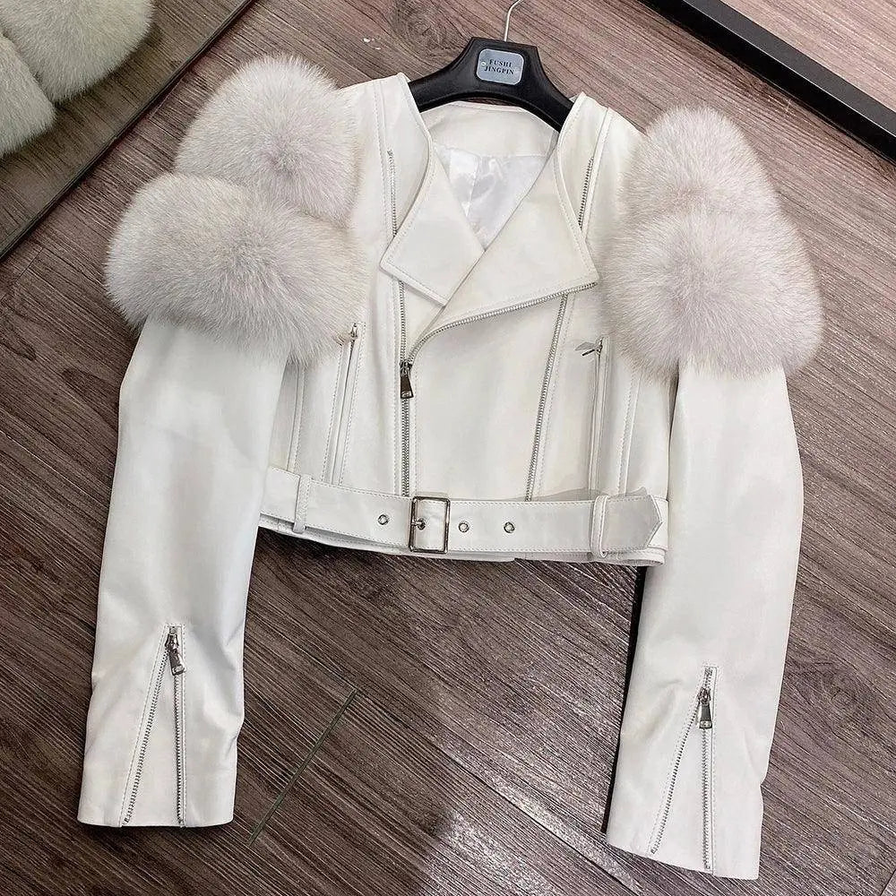 GO BALLISTIC YA Ladies' Genuine Leather Jacket with Fur Sleeve Women's Natural Lambskin Outfit SS69