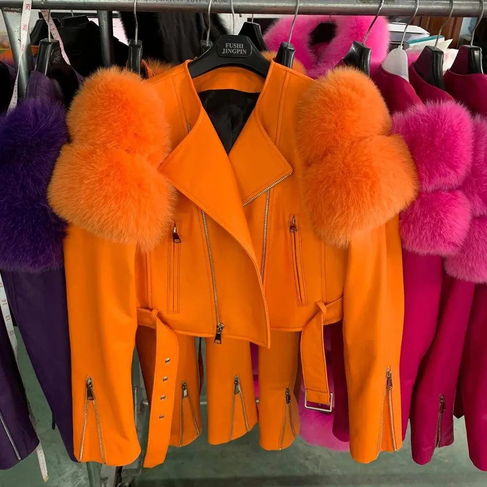 GO BALLISTIC YA Ladies' Genuine Leather Jacket with Fur Sleeve Women's Natural Lambskin Outfit SS69