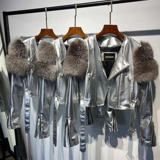 GO BALLISTIC YA Ladies' Genuine Leather Jacket with Fur Sleeve Women's Natural Lambskin Outfit SS69