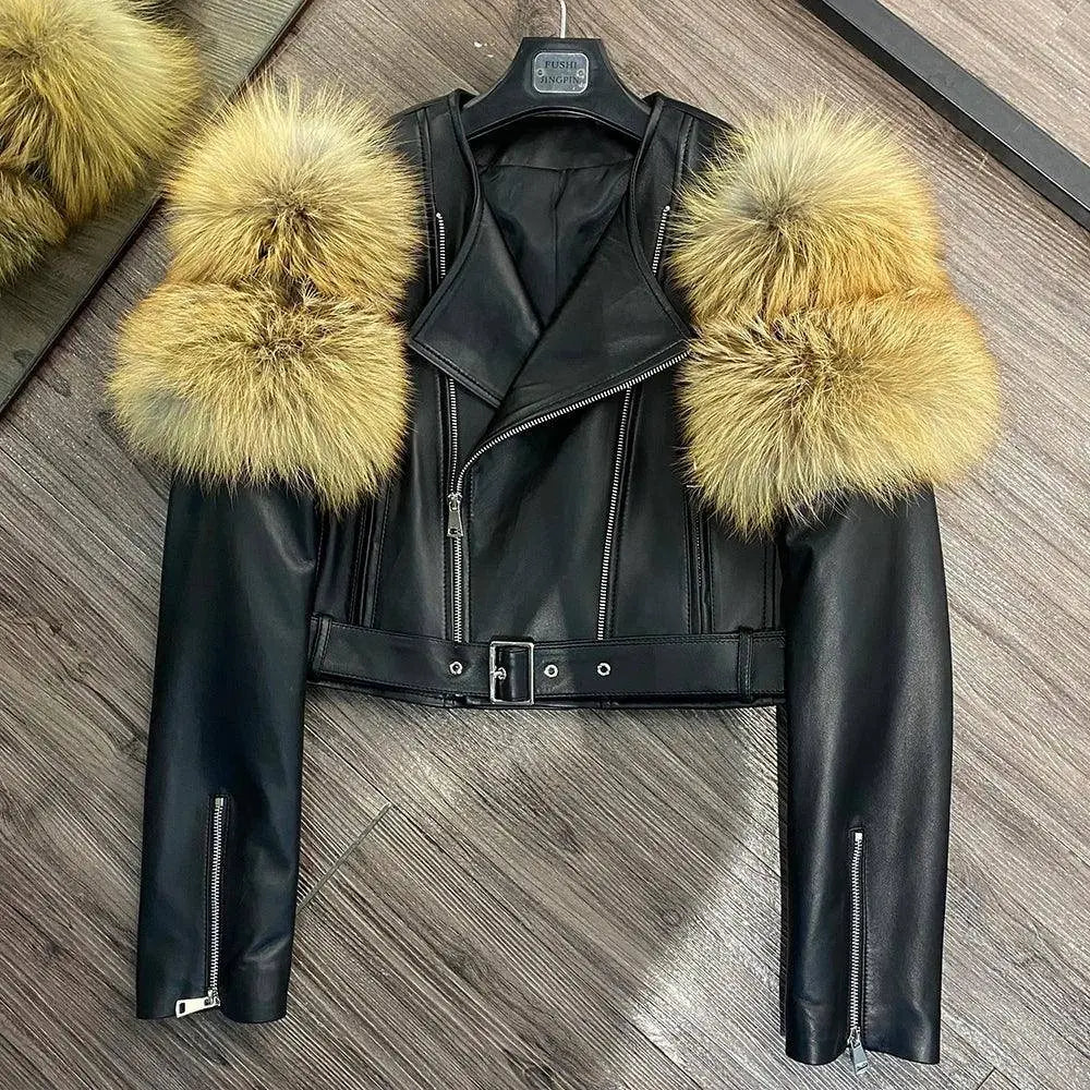 GO BALLISTIC YA Ladies' Genuine Leather Jacket with Fur Sleeve Women's Natural Lambskin Outfit SS69