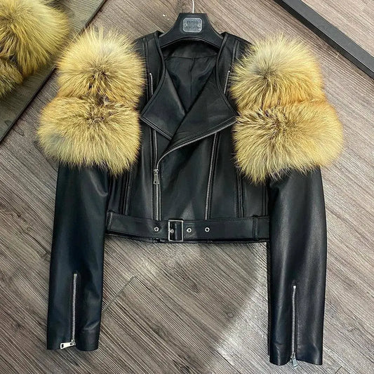 GO BALLISTIC YA Ladies' Genuine Leather Jacket with Fur Sleeve Women's Natural Lambskin Outfit SS69