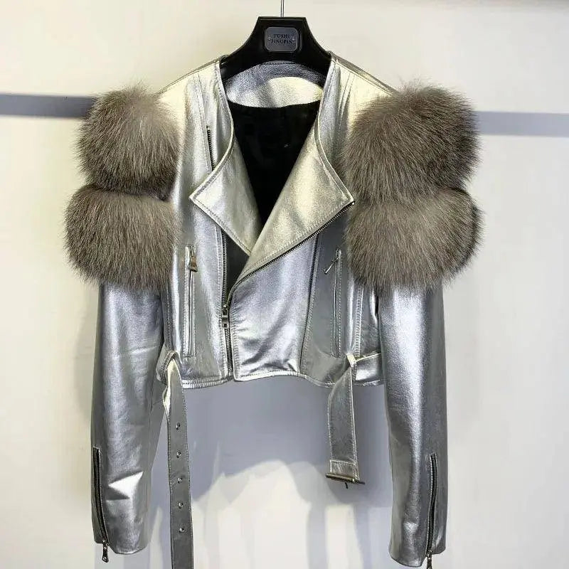 GO BALLISTIC YA Ladies' Genuine Leather Jacket with Fur Sleeve Women's Natural Lambskin Outfit SS69