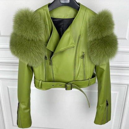 GO BALLISTIC YA Ladies' Genuine Leather Jacket with Fur Sleeve Women's Natural Lambskin Outfit SS69