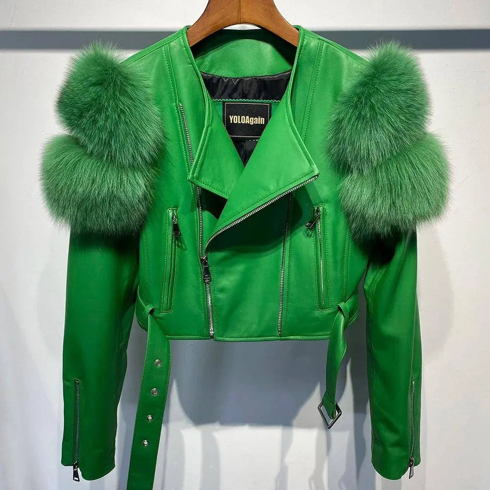 GO BALLISTIC YA Ladies' Genuine Leather Jacket with Fur Sleeve Women's Natural Lambskin Outfit SS69