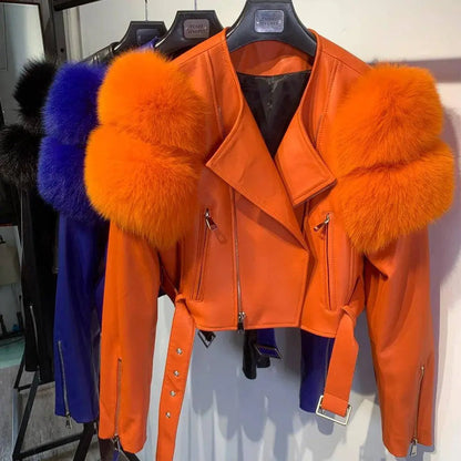 GO BALLISTIC YA Ladies' Genuine Leather Jacket with Fur Sleeve Women's Natural Lambskin Outfit SS69