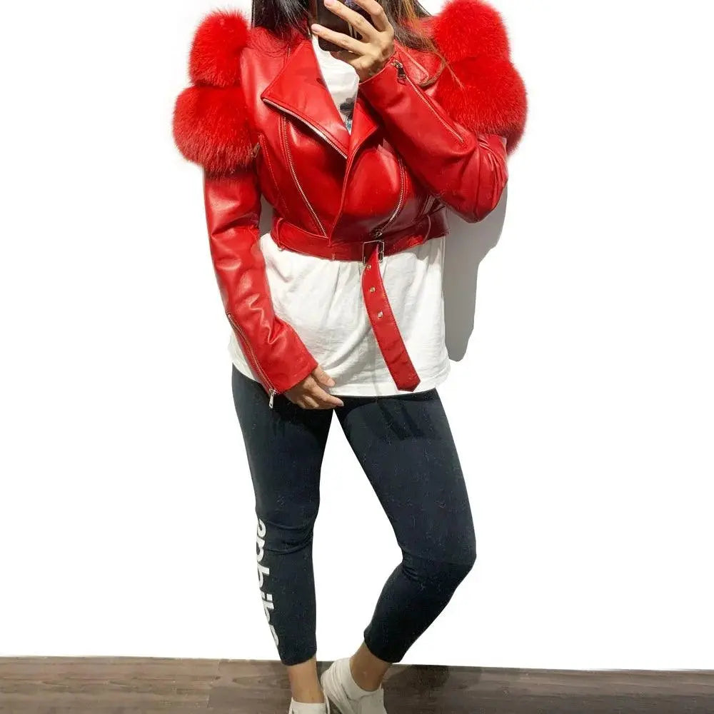 GO BALLISTIC YA Ladies' Genuine Leather Jacket with Fur Sleeve Women's Natural Lambskin Outfit SS69