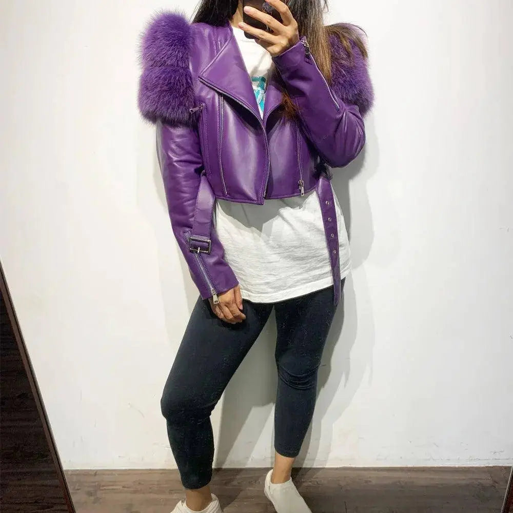 GO BALLISTIC YA Ladies' Genuine Leather Jacket with Fur Sleeve Women's Natural Lambskin Outfit SS69