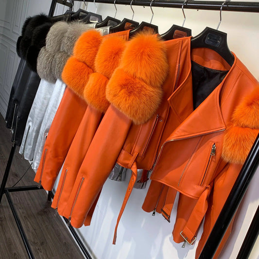 GO BALLISTIC YA Ladies' Genuine Leather Jacket with Fur Sleeve Women's Natural Lambskin Outfit SS69