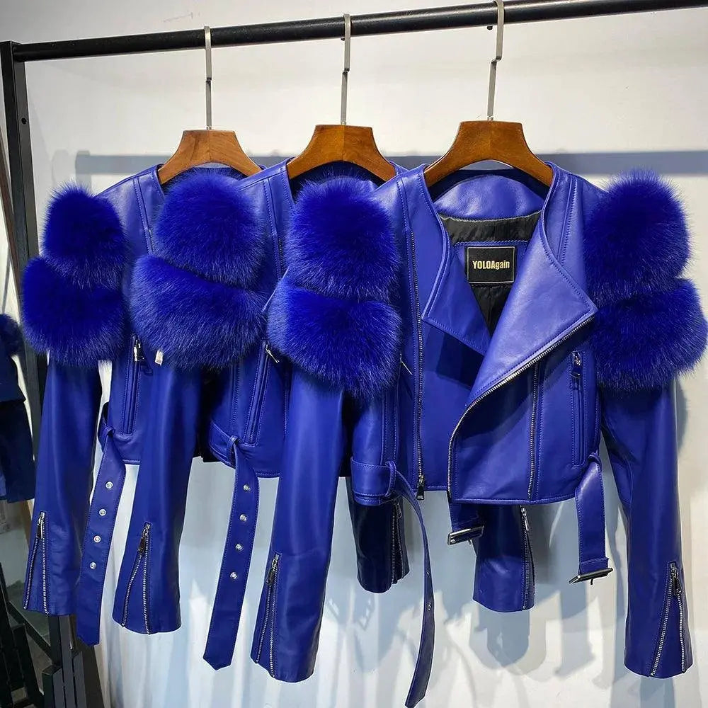 GO BALLISTIC YA Ladies' Genuine Leather Jacket with Fur Sleeve Women's Natural Lambskin Outfit SS69