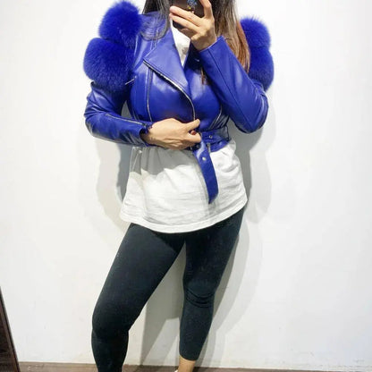 GO BALLISTIC YA Ladies' Genuine Leather Jacket with Fur Sleeve Women's Natural Lambskin Outfit SS69