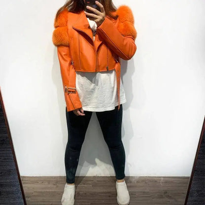 GO BALLISTIC YA Ladies' Genuine Leather Jacket with Fur Sleeve Women's Natural Lambskin Outfit SS69