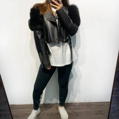 GO BALLISTIC YA Ladies' Genuine Leather Jacket with Fur Sleeve Women's Natural Lambskin Outfit SS69